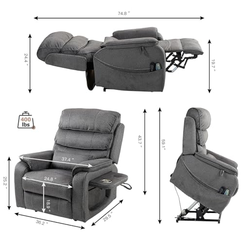 Light Grey Recliner Chair for Elderly | Tall and Big Man 400lbs | Chenille | Power Lift, Lay Flat, Stand Up, Wireless Charging Device, Extended Footrest, Massage Heat, Cup Holder, Lumbar Pillow