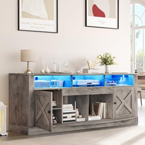 YITAHOME Farmhouse TV Stand for TVS up to 80 Inch, Entertainment Center with Power Outlet, TV Table with Barn Doors & Storage Cabinets, TV Console for Living Room, 70" White