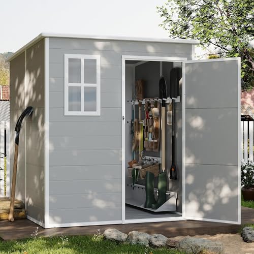 UDPATIO Outdoor Storage Shed 6 x 6 FT, Resin Garden Sheds with Floor Plastic Patio Outdoor Storage Shed with Lockable Door for Tool, Bike, Garbage Gray White
