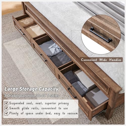 Farmhouse King Size Bed Frame with 52" Tall Full Panel Headboard, Wood Platform Bedframe with Footboard and Storage Drawers, No Squeak, No Box Spring Needed, Antique Brown