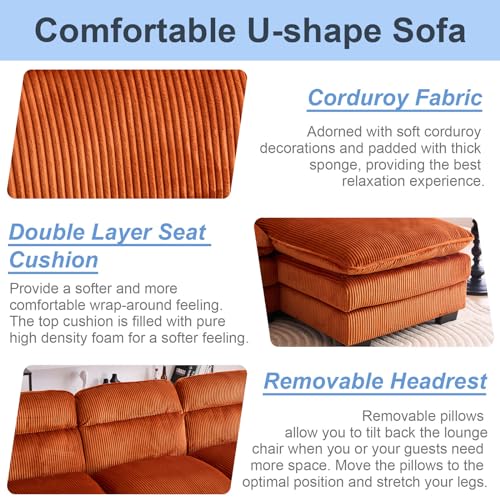 110" Sectional Sofa Cloud Couch for Living Room, Modern Corduroy U Shaped Couch, Comfy Modular Sofa Sleeper with Double Chaise & Memory Foam for Living Room Apartment（White）