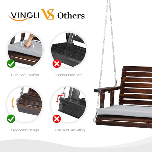 VINGLI Heavy Duty 880 LBS Patio Wooden Porch Swing Outdoor with Extra Cushion, Farmhouse Hanging Bench Tree Swing with Adjustable Chains for Yard | Garden | Lawn | Balcony (5 FT, Rustic)