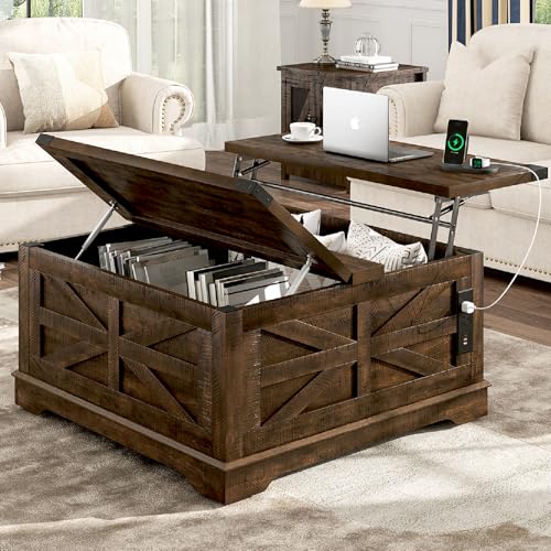 36" Farmhouse Movable Lift Top Coffee Table with Storage and Power Outlets, Square Wood Living Room Tables with Wheels&Large Hidden Space, Lift Wooden Barn Door Center Table, White