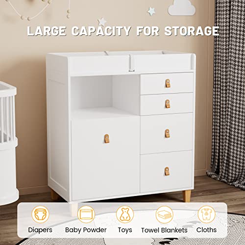 Baby Changing Table Dresser, 33.5" Baby Nursery Dresser with Drawers & Shelf, Wooden Storage Dresser Chest w/Changing Station for Infant Kids Bedroom, White