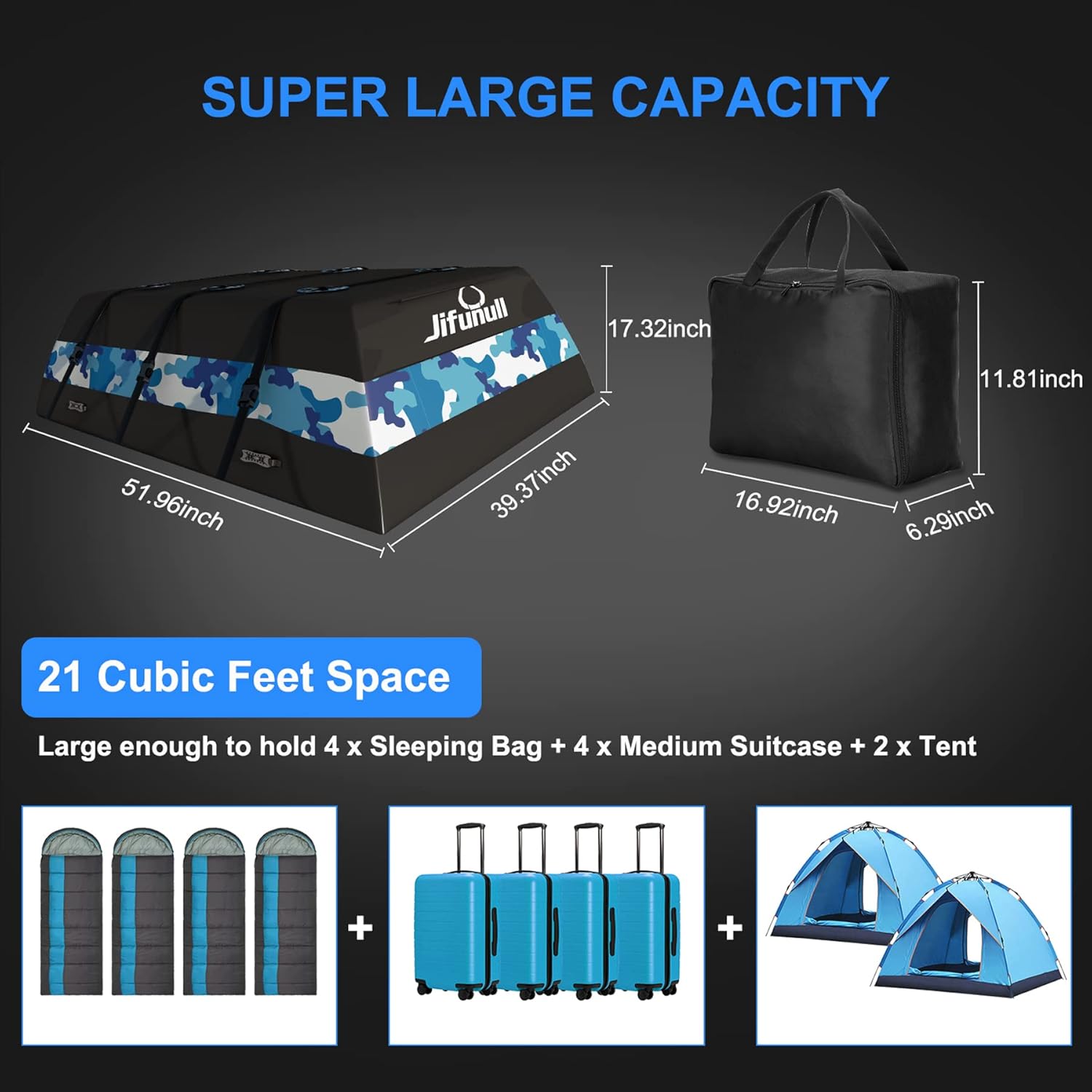 Jifunull Rooftop Cargo Carrier Bag 21 Cubic Feet, Waterproof Soft-Shell Roof Rack Cargo Carrier, 1000D PVC Anti-Tear Car Roof Bag for Vehicle with/Without Racks, Includes 7 Door Hooks, Anti-Slip Mat