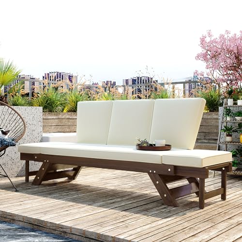 Outdoor Adjustable Patio Wooden Expandable Daybed Sofa with Pillows, Solid Wood Chaise Lounge with Water-Resistant Cushions for Small Places (Gray)