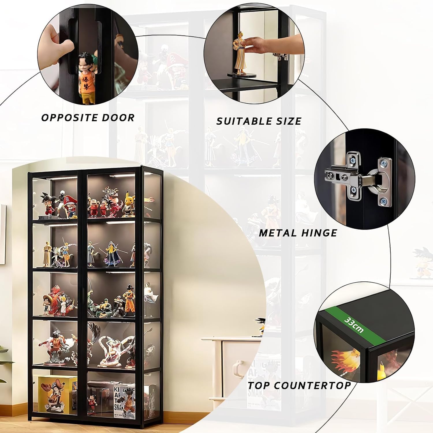 5-Tier Curio Display Cabinet, Storage Shelves with Acrylic Glass Door, Collectibles Toy Organizers Rack & Display Shelf, Kids Bookshelf and Bookcase for Playroom, Bedroom