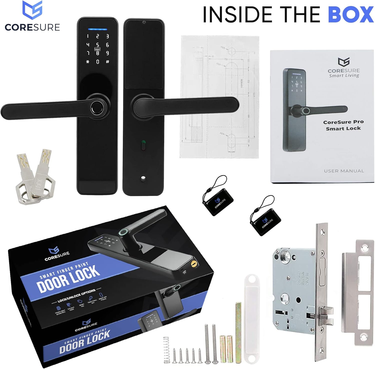 CoreSure Smart Keyless Entry Door Lock - Fingerprint Electronic Deadbolt Door Lock, Auto Locking, Smart Door Lock and Password Card - Compatible with Tuya Smart Home App for Remote Access