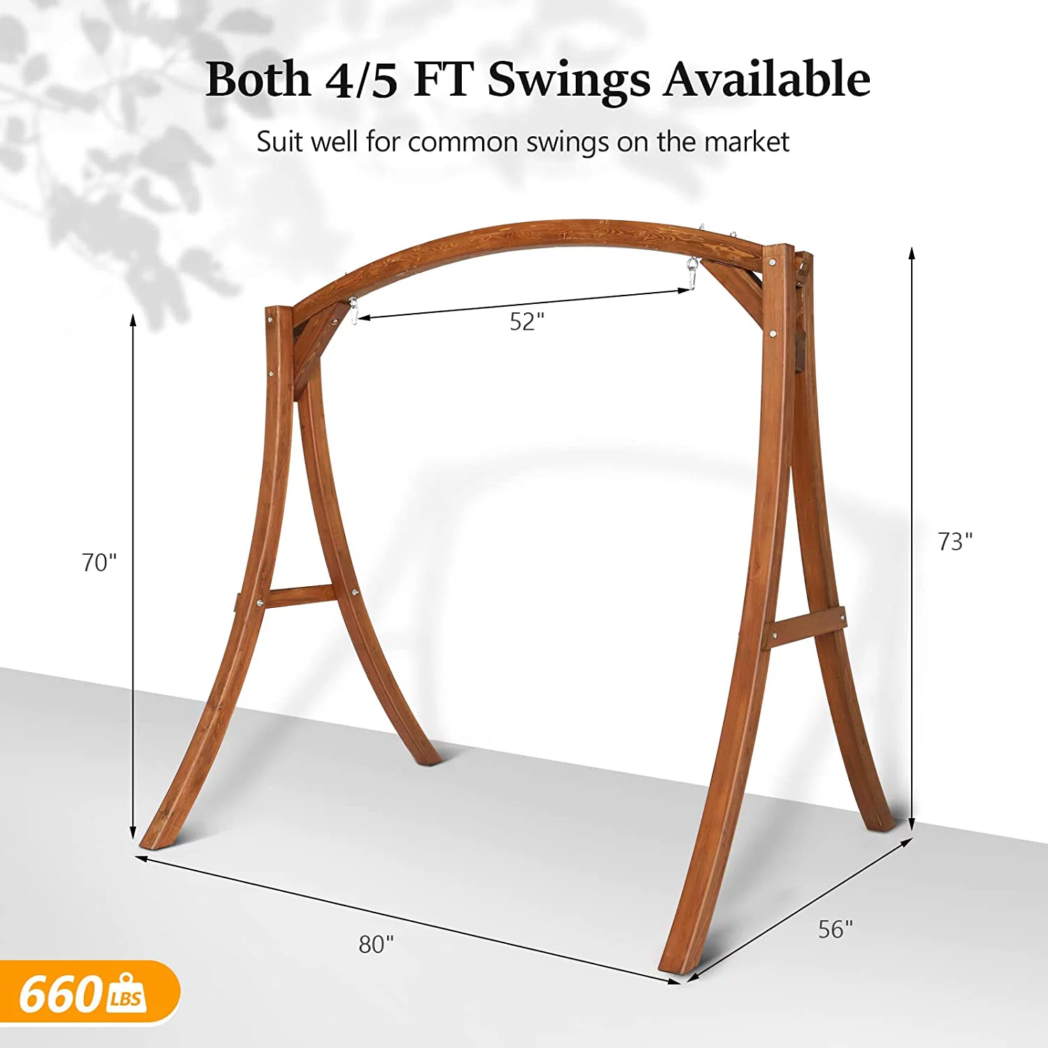Heavy Duty Wooden Swing Frame for Adults Kids, Strong A-Frame Porch Swing Bench Stand for Indoor & Outdoor, Curved Arc Top Design, Supports Up to 660 LBS