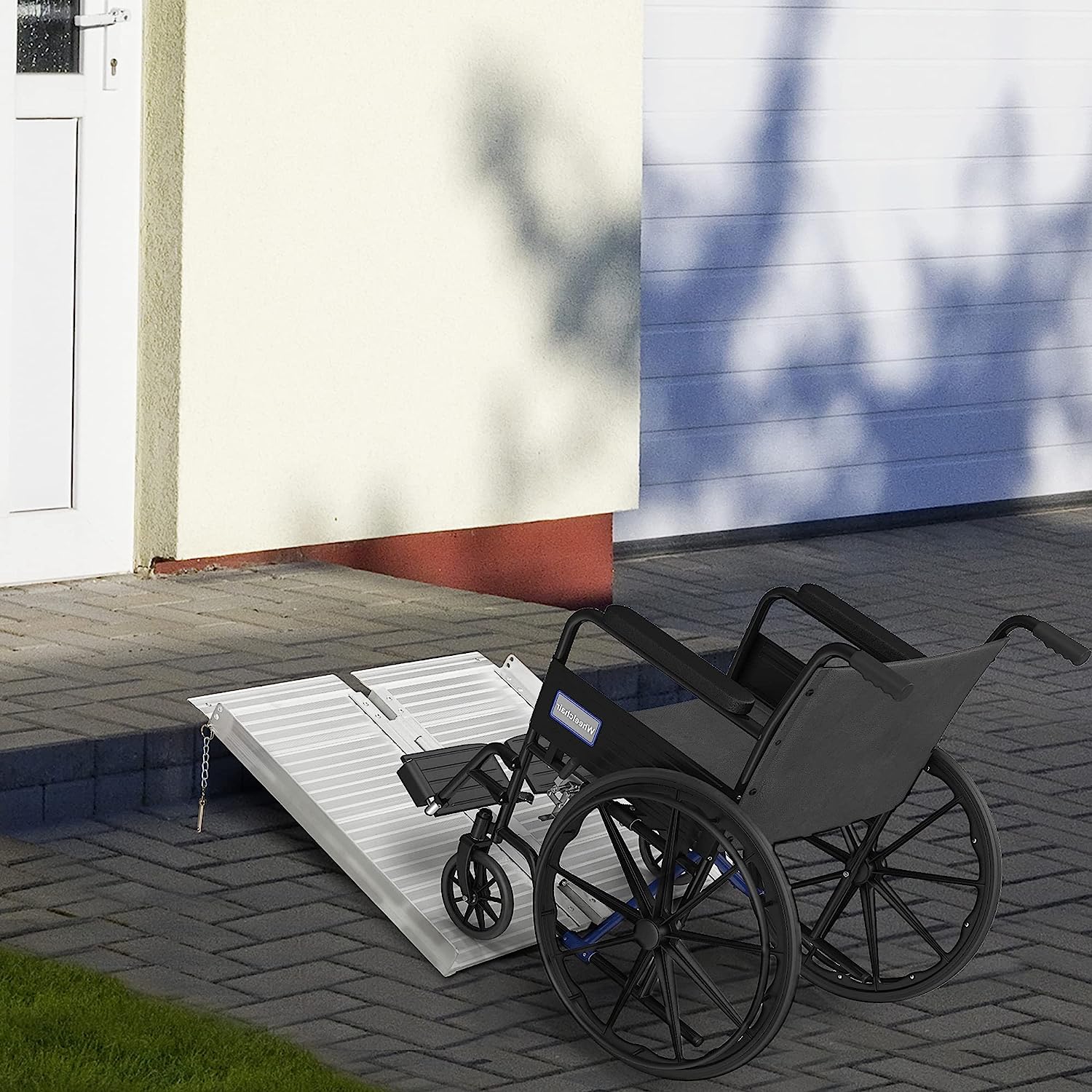 Wheelchair Ramp 8FT, Folding Aluminum Threshold Ramp with Non-Slip Surface, Transition Plates, 600lbs Weight Capacity, Handicap Ramp for Home, Doorways, Curbs, Steps