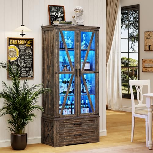 Farmhouse Storage Cabinet 68" Tall, Large Wood Kitchen Pantry Cabinet with Drawers & Shelves, LED Display Cabinet Bookcase for Living Room/Bedroom/Office, Antique White
