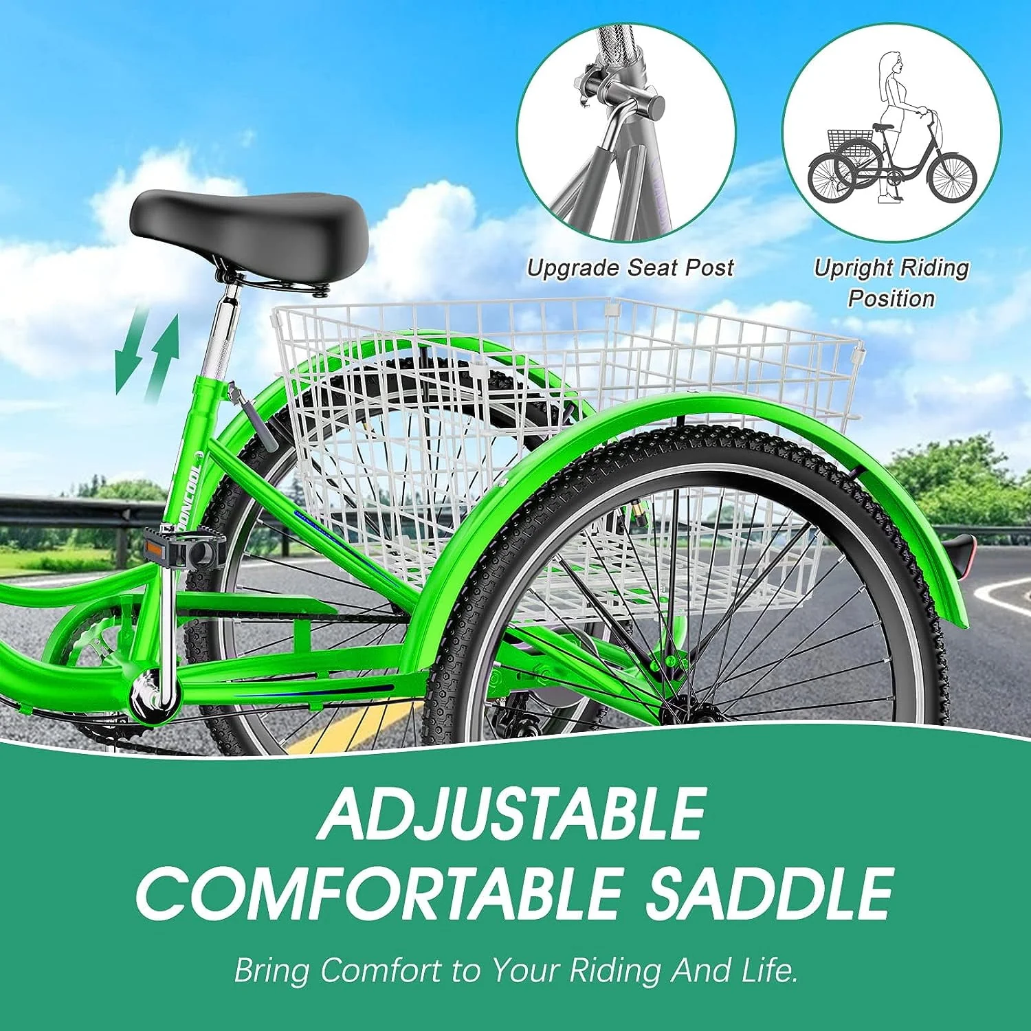 FICISOG 26 Adult Tricycle, 3 Wheel 7 Speed Bikes,450lbs Capacity Cruise Trike with Shopping Basket