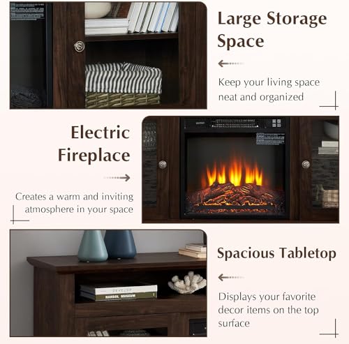 Farmhouse Fireplace TV Stand for TVs Up to 65'', Rustic Entertainment Center with 18" Electric Fireplace, Wood Media Console Cabinet for Living Room, (Brown, 65 Inch Fireplace TV Stand)