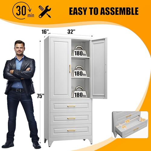 71" Tall Metal Storage Cabinet, Kitchen Pantry Storage Cabinets with Doors and 4 Shelves, White Pantry Cabinet, Utility Kitchen Cupboard, Large Steel Cabinets for Dining Room, Office, Living Room