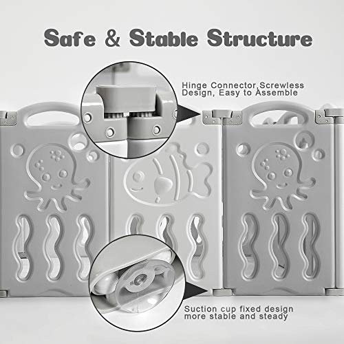 Albott Baby Playpen, Upgraded 18 Panels Foldable Baby Fence with Game Panel and Safety Gate, Adjustable Shape, Portable Baby Play Yards for Children Toddlers Indoors (18 Panel, White+Grey)