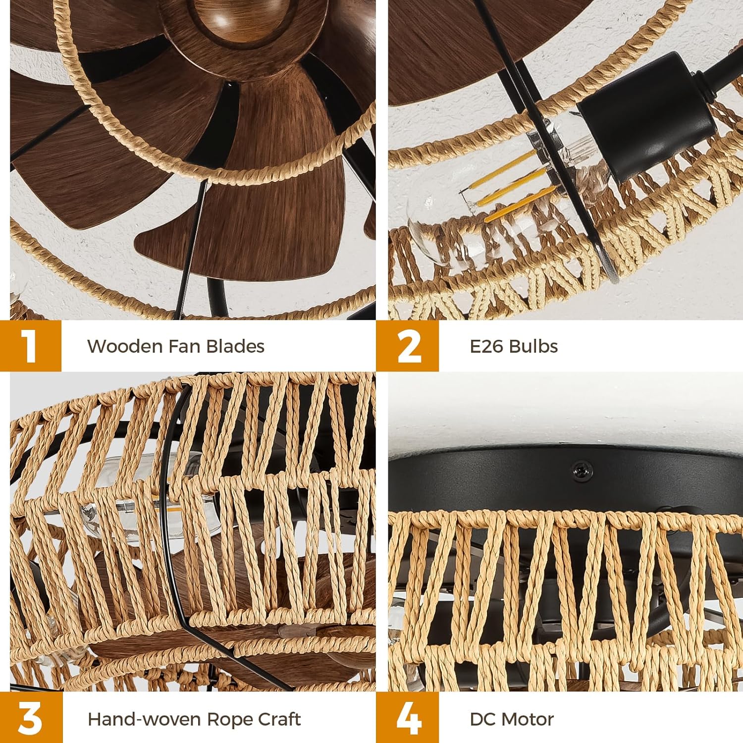 Boho Ceiling Fan with Lights - 20 Inch Flush Mount Ceiling Fan with Light and Remote/APP Low Profile Ceiling Light Enclosed Rattan Caged Ceiling Fan for Bedroom Living Room Farmhouse Indoor