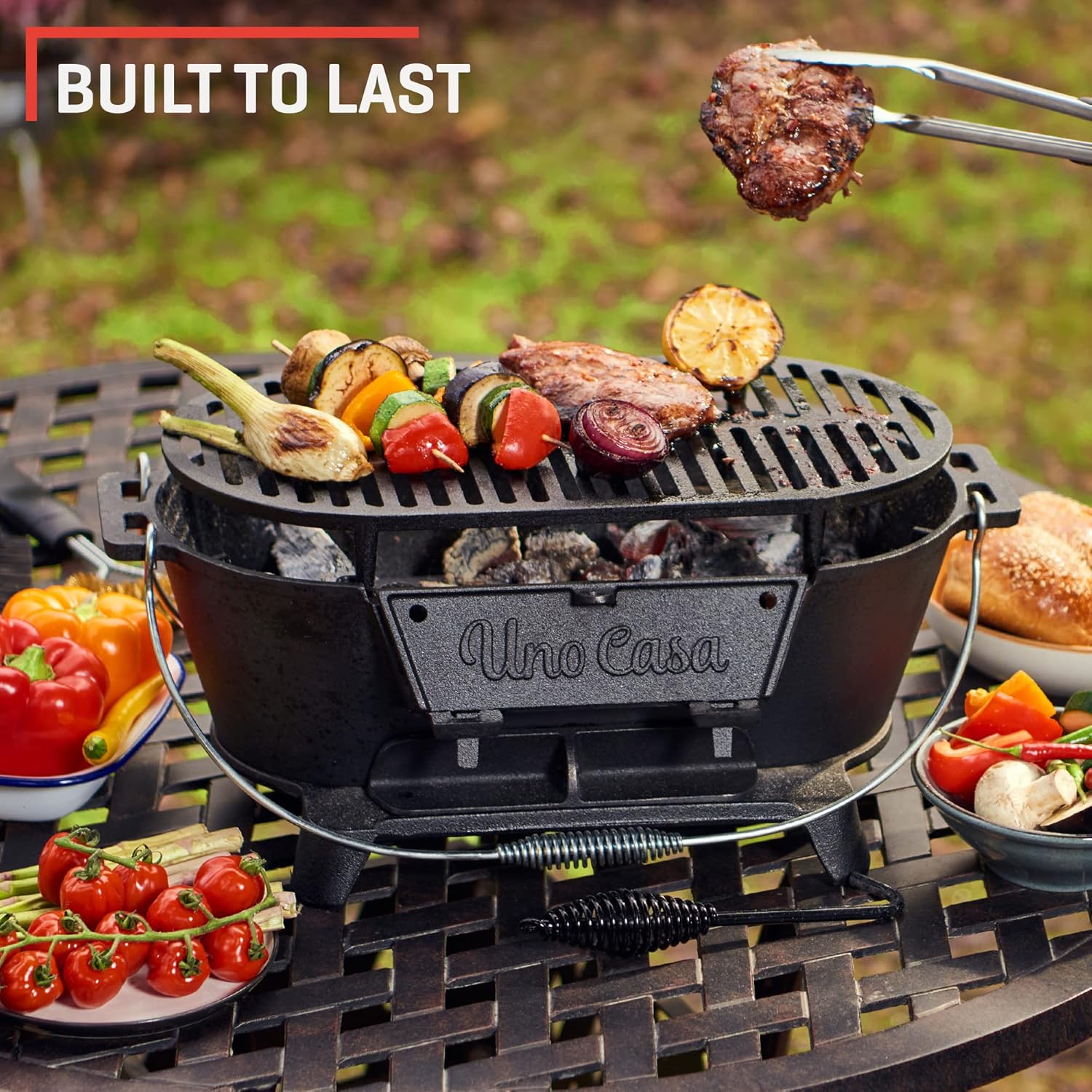 Uno Casa Hibachi Grill - Pre-Seasoned Small Charcoal Grill, Portable Charcoal Grill for Camping, Outdoors, Japanese Hibachi Grill with Double-Sided Grill Net - Waterproof Cover Included