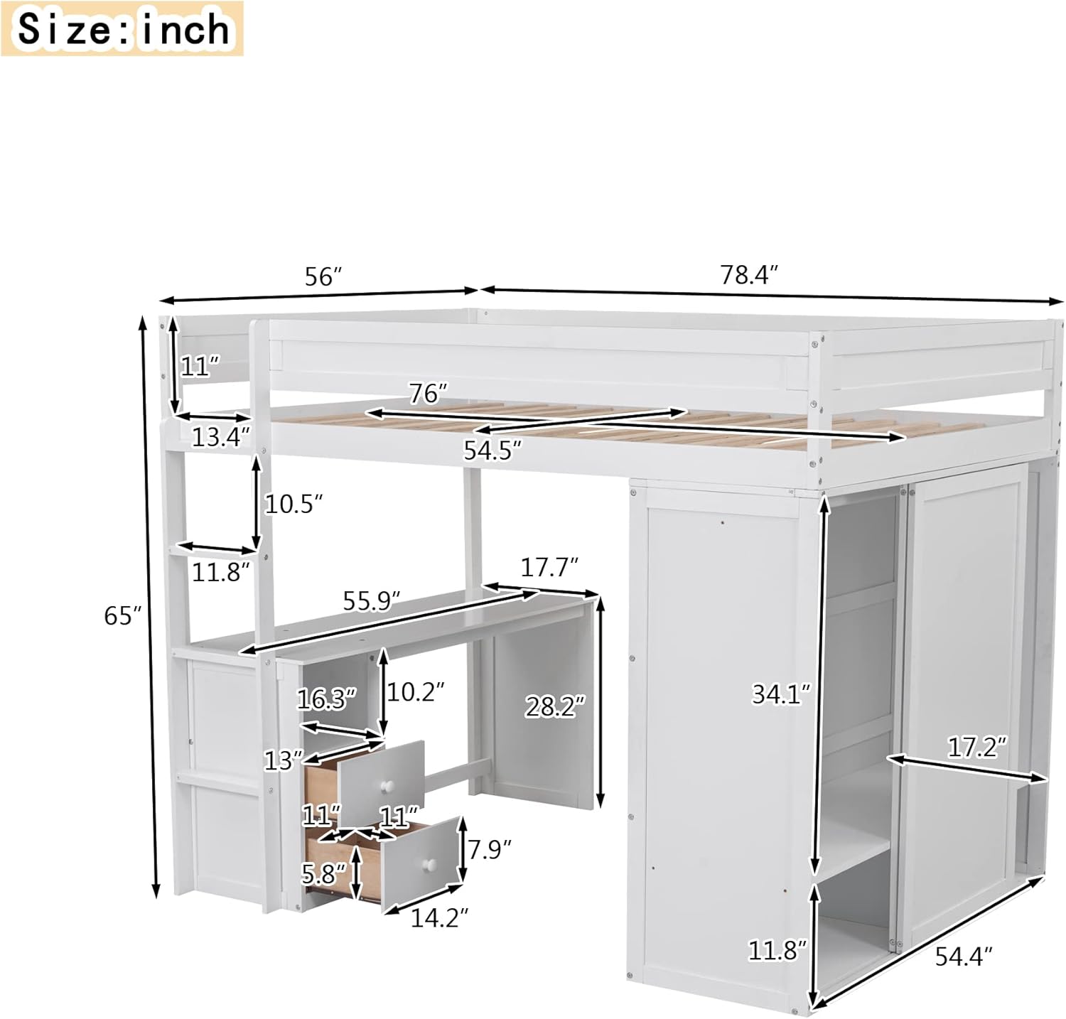 Harper & Bright Designs Full Loft Bed with Wardrobe and Desk, Wood Size with Storage Drawers and Cabinet for Girls Boys Teens,No Box Spring Needed,White (Cabinet),Full(Desk+Wardrobe+Drawers)