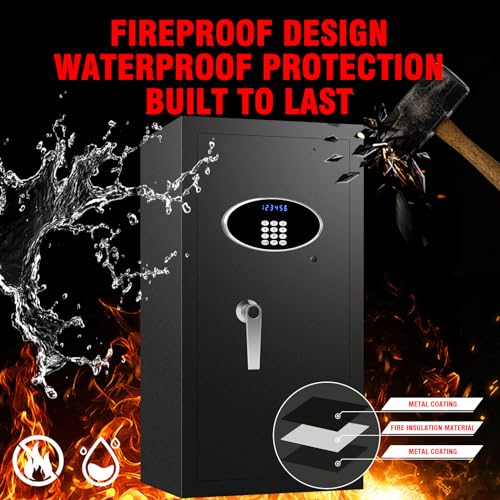 [True to Size] 6.1 Cub Large Home Safe Box Fireproof Waterproof with LCD Screen - Security Safety Box with Digital Keypad and Key Lock Removable Shelf, Sensor Light for Documents