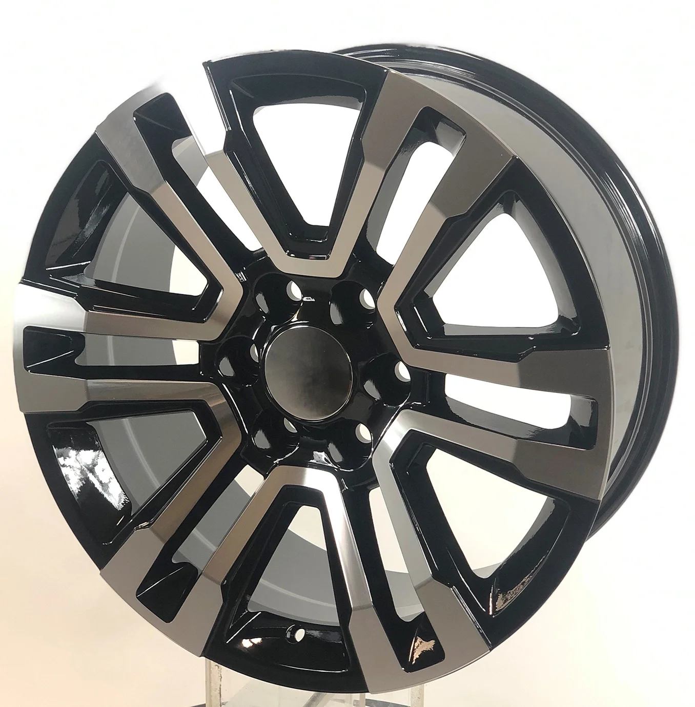 Gloss Black and Machine 20" Split Spoke Replica Wheels with All Terrain 275/60R20 Tires SET of 4 fits Chevy Silverado, Tahoe, Suburban, GMC Sierra, Yukon, Denali 1500, Includes Lug Nuts and TPMS