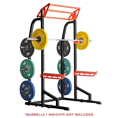 Sunny Health & Fitness Power Zone Half Rack Heavy Duty Performance Power Cage with J-Hooks, Adjustable Pull Up Bar Optional Bench with Dumbbell Rack, Premium Incline Bench, LAT Pull Down Attachment