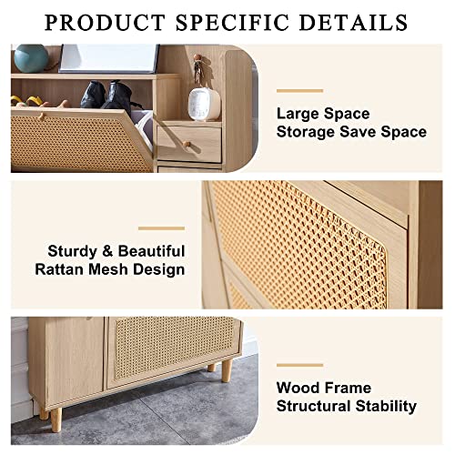 Olela Organizer Shoe Cabinet Storage with Rattan Doors & Adjustable Shelves, Modern Hidden Shoe Rack with 3 Flip Drawers & 2 Small/Large Shelves for Entryway, Front Door Entrance