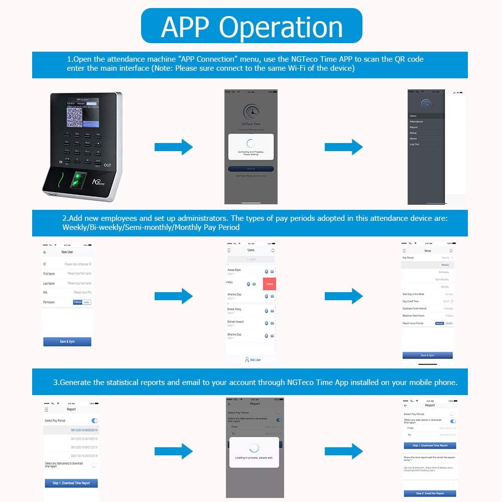 Time Clocks for Employees Small Business, NGTeco W3 WiFi Biometric Fingerprint Time Card Machine, Office Punch Clock Automatic in and Out with APP for iOS Android (0 Monthly Fees)