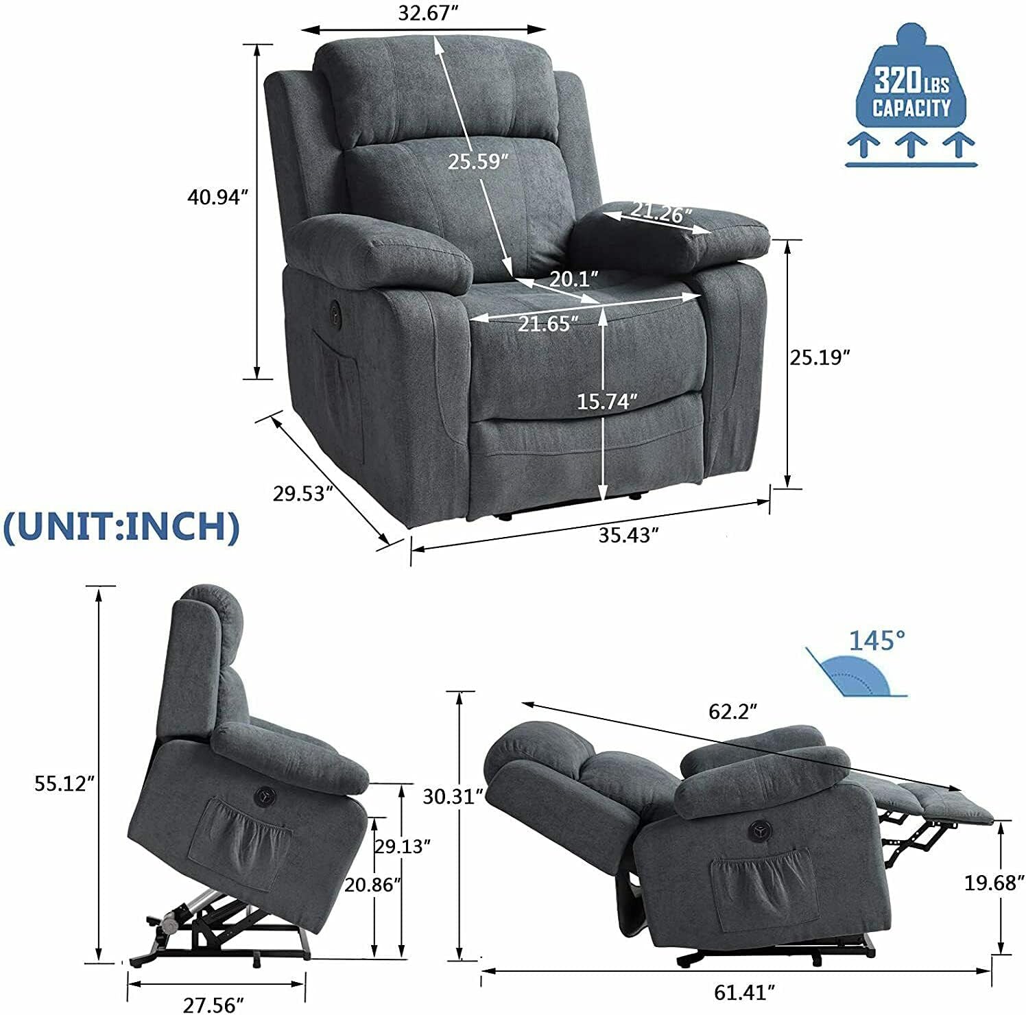 New Grey Linen Fabric Auto Electric Power Lift Massage Vibration Recliner Oversized USB Chair w/Remote Control Sofa Heat Elderly Armchair Foam Sponge Metal 35.43”W x 29.53”D x 40.94”H
