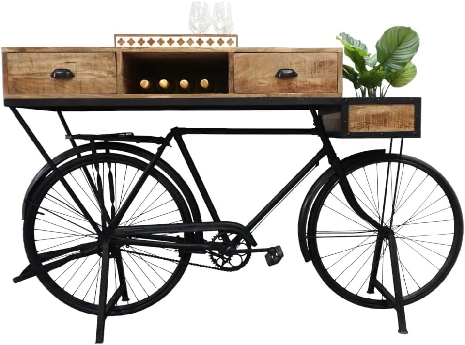 Sundara Furnishings Vintage Bicycle Console Table with Drawers & Storage, Mango Wood, 76L x 18W x 44H inches
