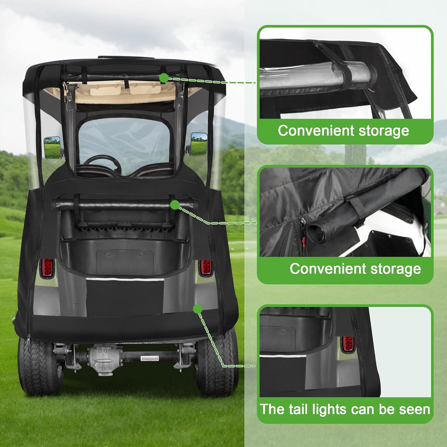 10L0L 800D Deluxe Golf Cart Enclosure 2 Passenger for Club Car Precedent, Onward & Tempo Golf Cart, 4 Sided Clear PVC Window with Security Side Mirror Openings and Zipper Entry Golf Cart Rain Cover