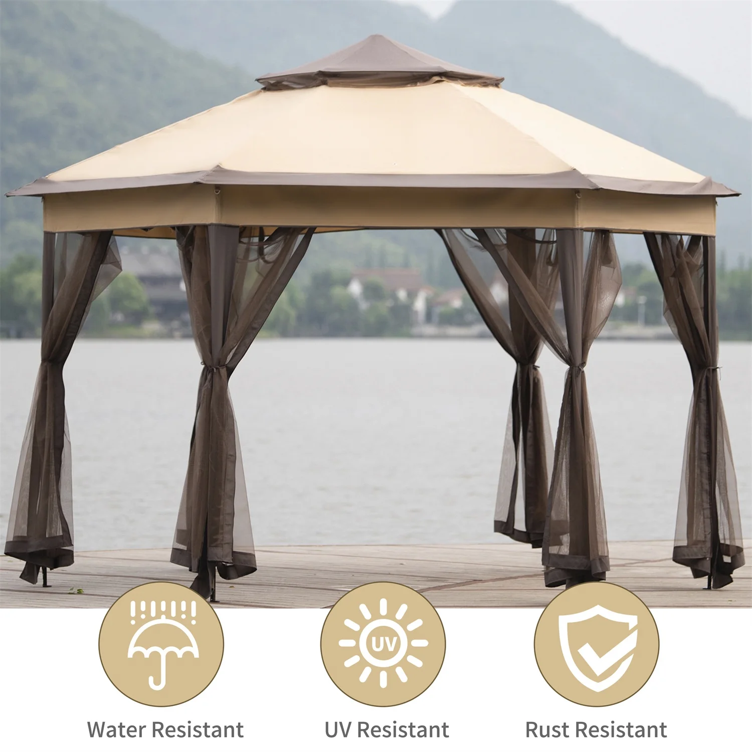 Visentor Patio Gazebo, 13x13FT Outdoor Garden Gazebo Tent with Mosquito Netting Sidewalls