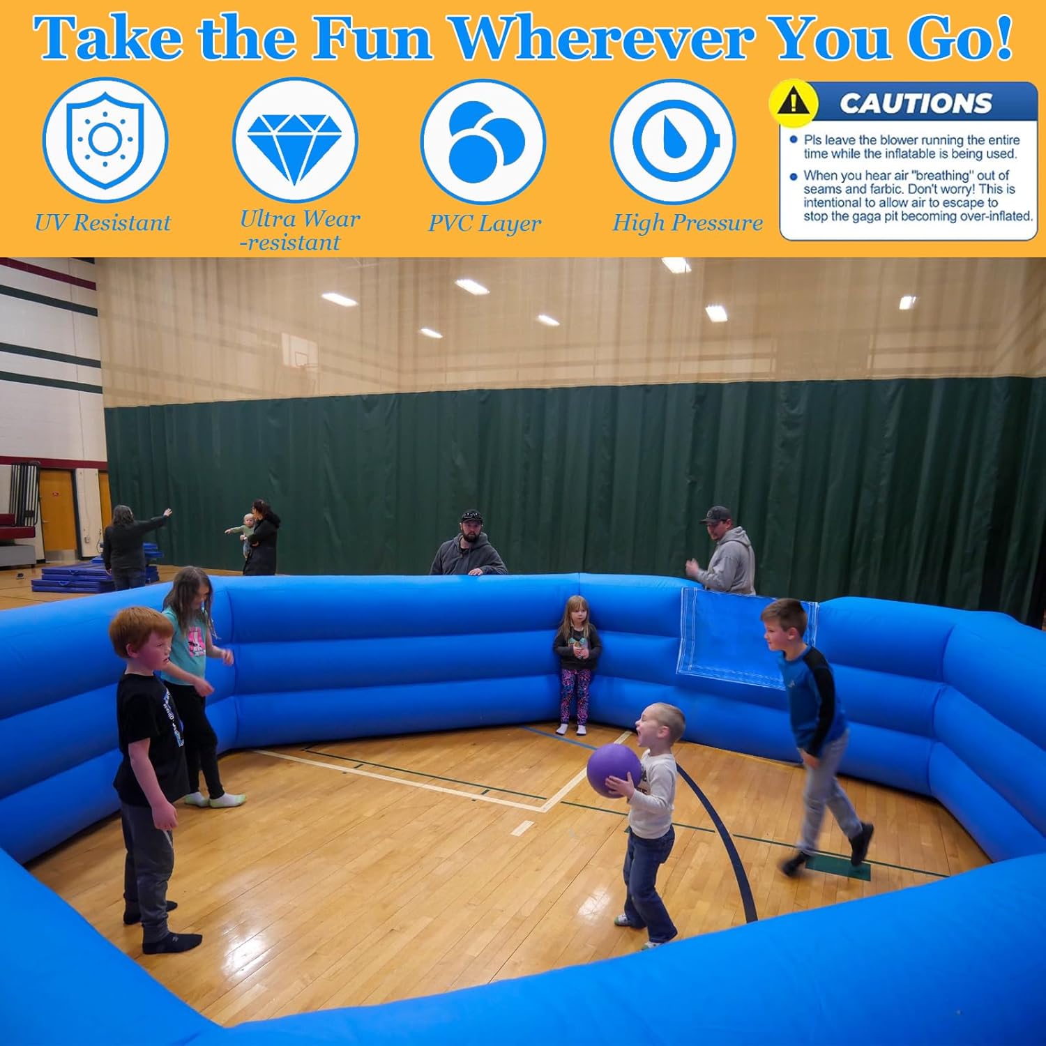Heavy Duty Gaga Ball Pit Inflatable Gagaball Court with Electric Blower - Inflates Under 2 Minutes - Indoor Outdoor Gaga Ball Pit kit Foldable for Recess Playground Summer Camp Activities, 15FT
