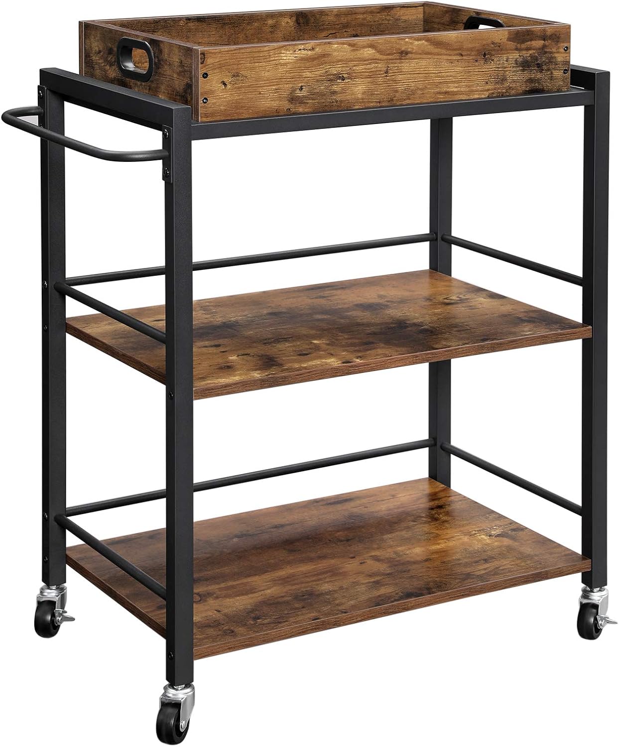 VASAGLE ALINRU Kitchen Serving Cart with Removable Tray, 3-Tier Kitchen Utility Cart on Wheels with Storage, Universal Casters with Brakes, Leveling Feet, Greige and Black ULRC072B02