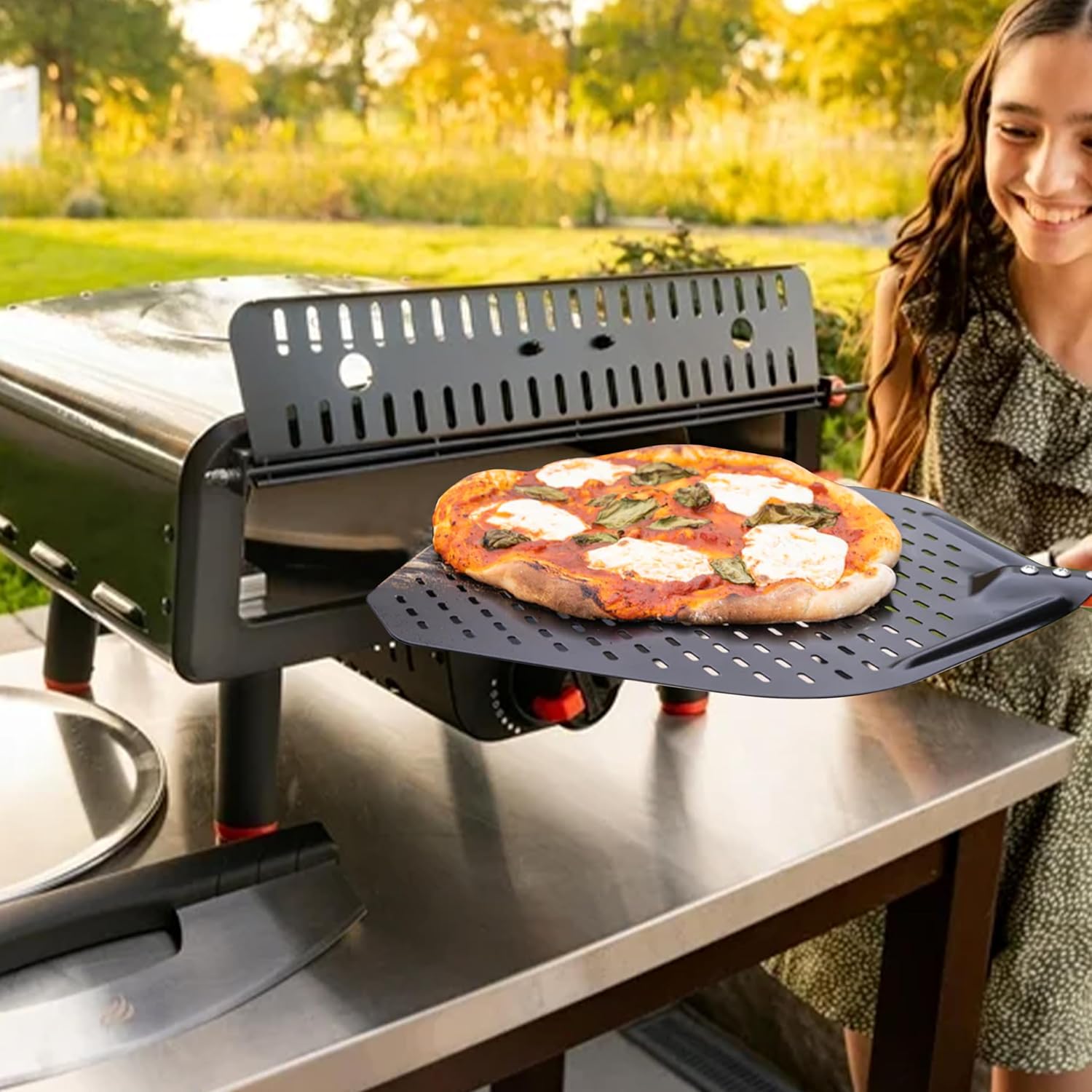 Blackstone Leggero Pizza Oven, Portable Outdoor Pizza Oven with 13" Rotating Stone, Blackstone Infrared Thermometer with Probe, Blackstone Black Aluminum Pizza Peel, and Wholesalehome Gloves & Cloth