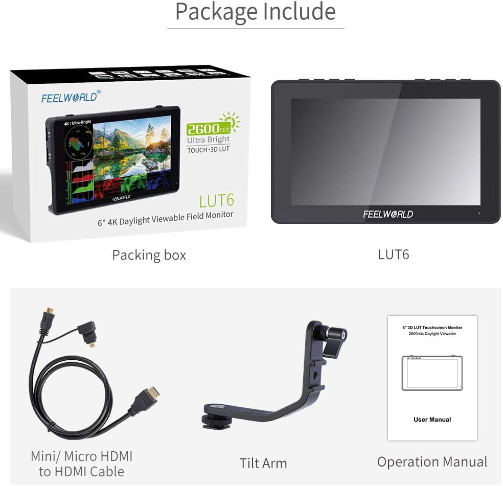 FEELWORLD LUT6 6 Inch 2600nits HDR 3D LUT Touch Screen DSLR Camera Field Monitor with Waveform VectorScope Histogram 4K HDMI Input Output 1920X1080