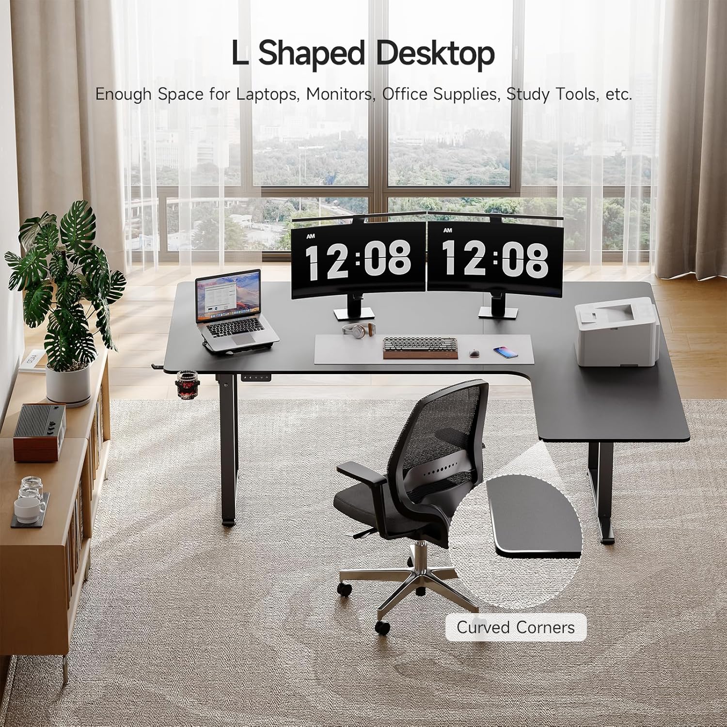 Standing Desk, 63x43 Inches L Shaped Desk with 4 Legs, Dual Motor and Memory Controller, Electric Stand Up Desk Adjustable Height from 28-46 Inches for Computer Workstation Black