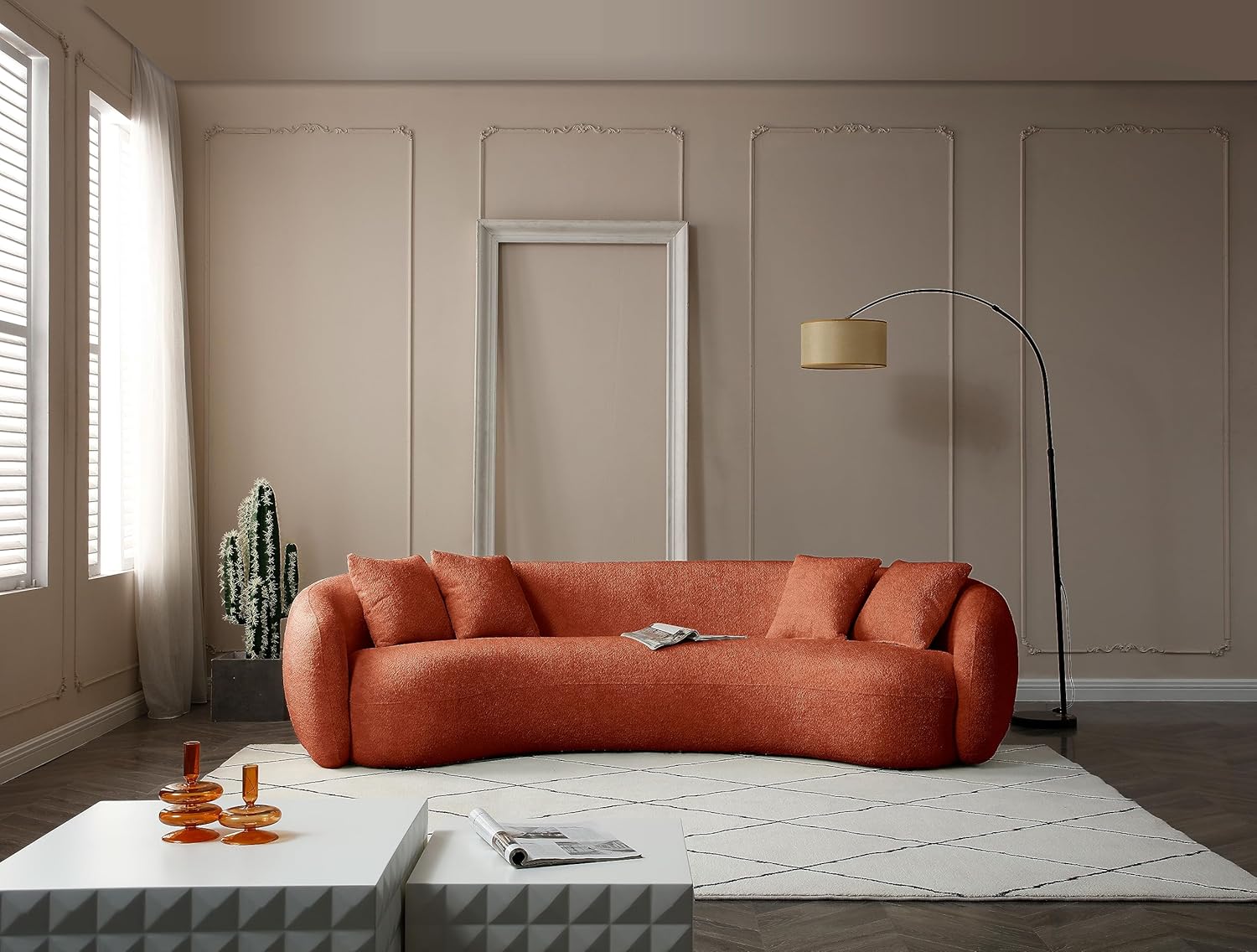 102'' 5 Seater Boucle Sofa Modern Sectional Half Moon Leisure Couch Curved Sofa Teddy Fleece Orange