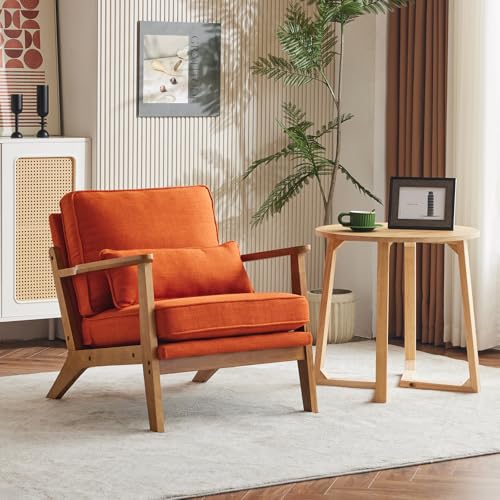 VINGLI Solid Wood Wide Armrests Accent Chair Set of 2,Upholstered Mid Century Modern Chair with Pillow,Comfy Reading Chair,Chairs Living Room,Bedroom,Guest Room,Linen Fabric,Navy Blue