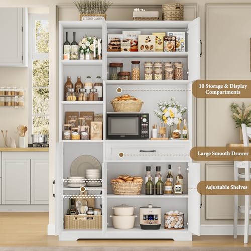 HOSTACK 71" Tall Kitchen Pantry Storage Cabinet, Farmhouse Food Pantry Cabinet with Microwave Stand, Barn Doors Kitchen Hutch with Large Drawer and Shelves for Dining Room, Ash Grey