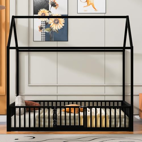Merax Twin Size Montessori Floor Bed, Metal House Bed Frame with Roof for Kids, Teens, Girls, and Boys, No Box Spring Needed, Black