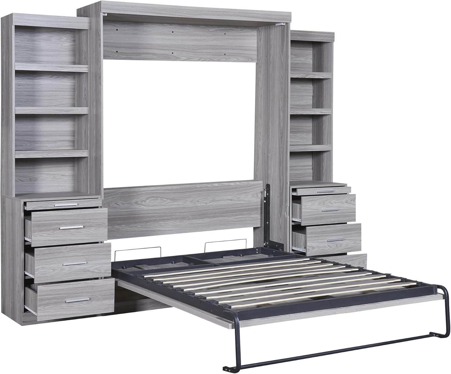 Harper & Bright Designs Full Size Murphy Bed, Wood Full Murphy Bed with Storage Shelves and Drawers, Gray