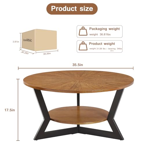 Coffee Table, Round Wood Coffee Table for Living Room with 2-Tier Table Top with Storage Rack, Metal Leg Triangle Support Design, Home Furniture, 35 x 35 x 17 in