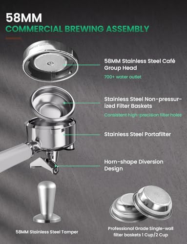 Espresso Machine with Grinder, Dual-Boiler 58MM Professional Espresso coffee Machine with Powerful Steam Wand Beginner Friendly Espresso Maker Stainless Steel Latte Cappuccino Machine for Home