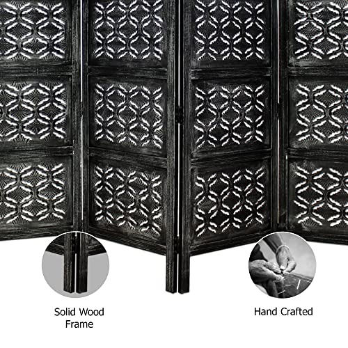 Room Divider Wood Screen - Ghanti Bells Antique Brown - 4 Panel Folding 72 x 80 - Assembled Hand Carved Decorative Functional Versatile Portable Partition Reversible Privacy Boho - COTTON CRAFT