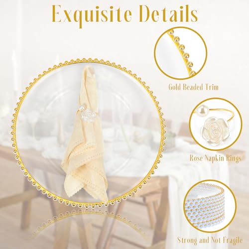 Tioncy 100 Pcs Clear Charger Plates Bulk Beaded Charger Plates and Napkin Rings 13 Inch Plastic Round Chargers for Dinner Plates Wedding Party Event Table Decoration(Gold)