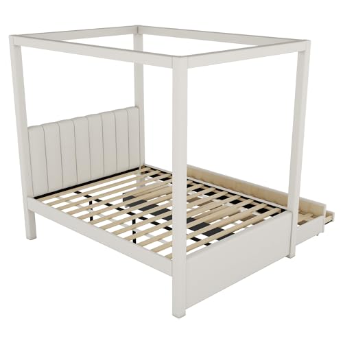 Twin Size 4 Poster Bed Canopy Bed with Upholstery Headboard, Built-in Trundle and 3 Drawers, for Kids Teens Adults, Beige