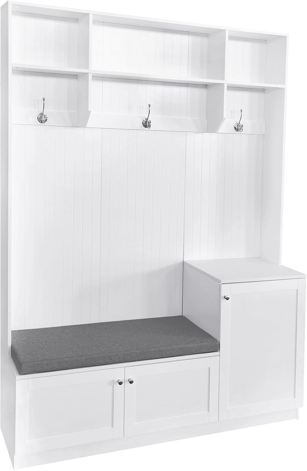 Entryway Hall Tree with Cushion Bench, Shoe Storage Cabinets, 3 Shelves and Hooks, 4-in-1 Elegant Design Coat Rack for Hallway, White