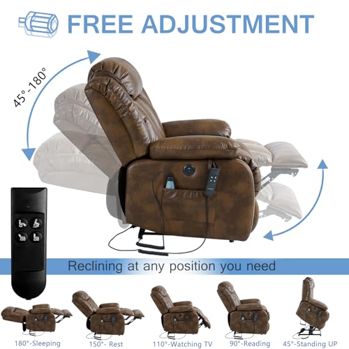 Large Power Lift Chairs Recliners for Elderly with Heated and Massage,Infinite Position Overstuffed Wide Power Lift Recliner，4 Positions, Breathable Leather, USB Ports and Remote Controls (Dark Blue)