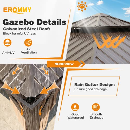 EROMMY 14'x20' Hardtop Gazebo Double Roof Galvanized Steel Canopy Outdoor Aluminum Frame Permanent Metal Pavilion with Netting and Curtains for Patio Backyard Deck and Lawns