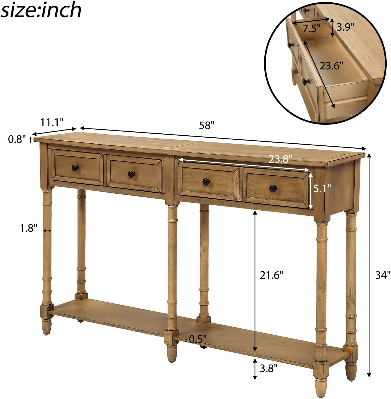 Farmhouse Console Sofa w/Two Storage Drawers & Bottom Shelf, Classic Solid Wood Entryway-Table for Living Room Bedroom Hallway, Easy to Assemble, Old Pine, 58 Inch